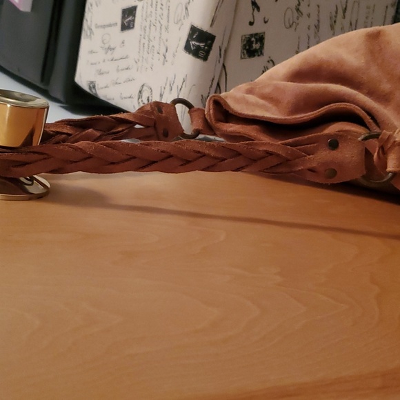 Suede bag by Eileen Fisher. NWOT. Braided shoulder strap. Camel color - Picture 3 of 4